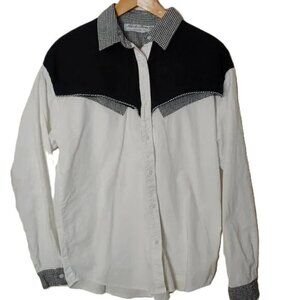 Vintage Western‎ Button Top Checkered Adobe Rose Flap Vent Black White Back Boho